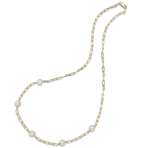 14k Gold Pearl & Paperclip Station Necklace - J.H. Breakell and Co.