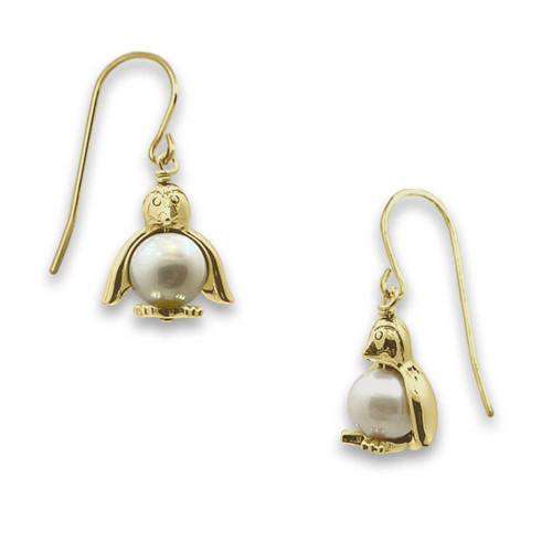 14k Gold Penguin Earrings with Genuine Pearl - J.H. Breakell