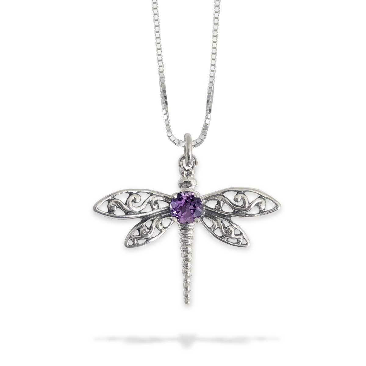 Sterling Silver Dragonfly Pendant with Amethyst - J.H. Breakell