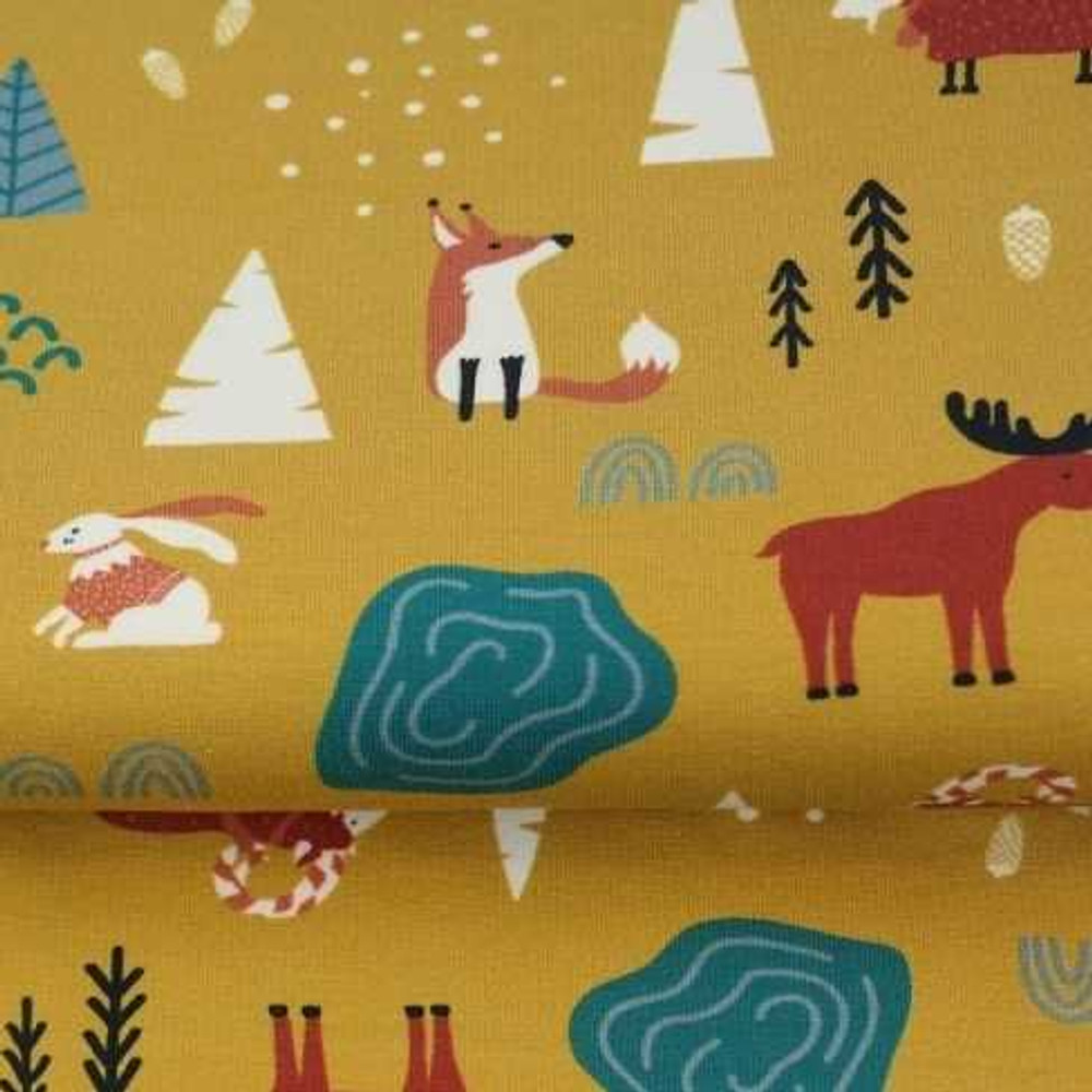 Winter Woodland Animals on Mustard Cotton Lycra