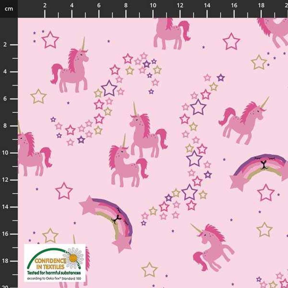 Stof Fabrics Unicorn Rainbows on Pink Cotton Lycra Knit