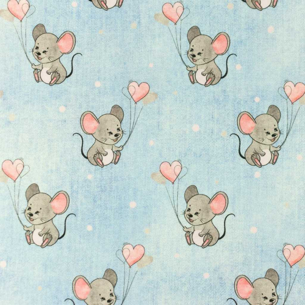 Mouse Hearts Light Denim Cotton Lycra