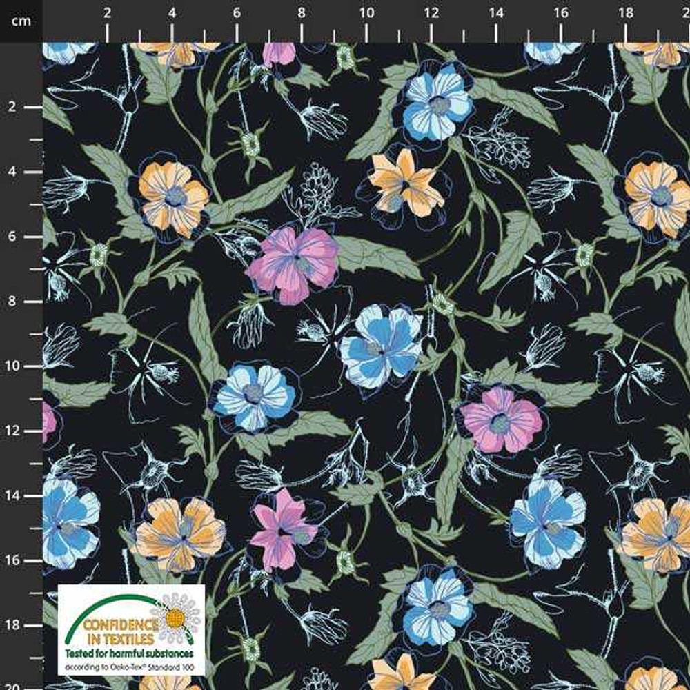 Stof Fabrics Wistful Garden on Black Cotton Lycra Knit