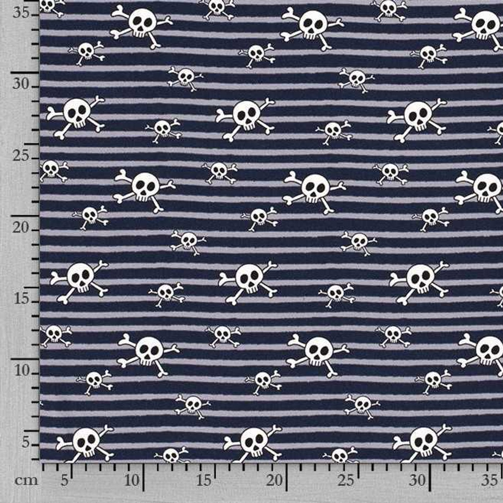 Pirate Skulls on Blue & Gray Stripe Cotton Lycra