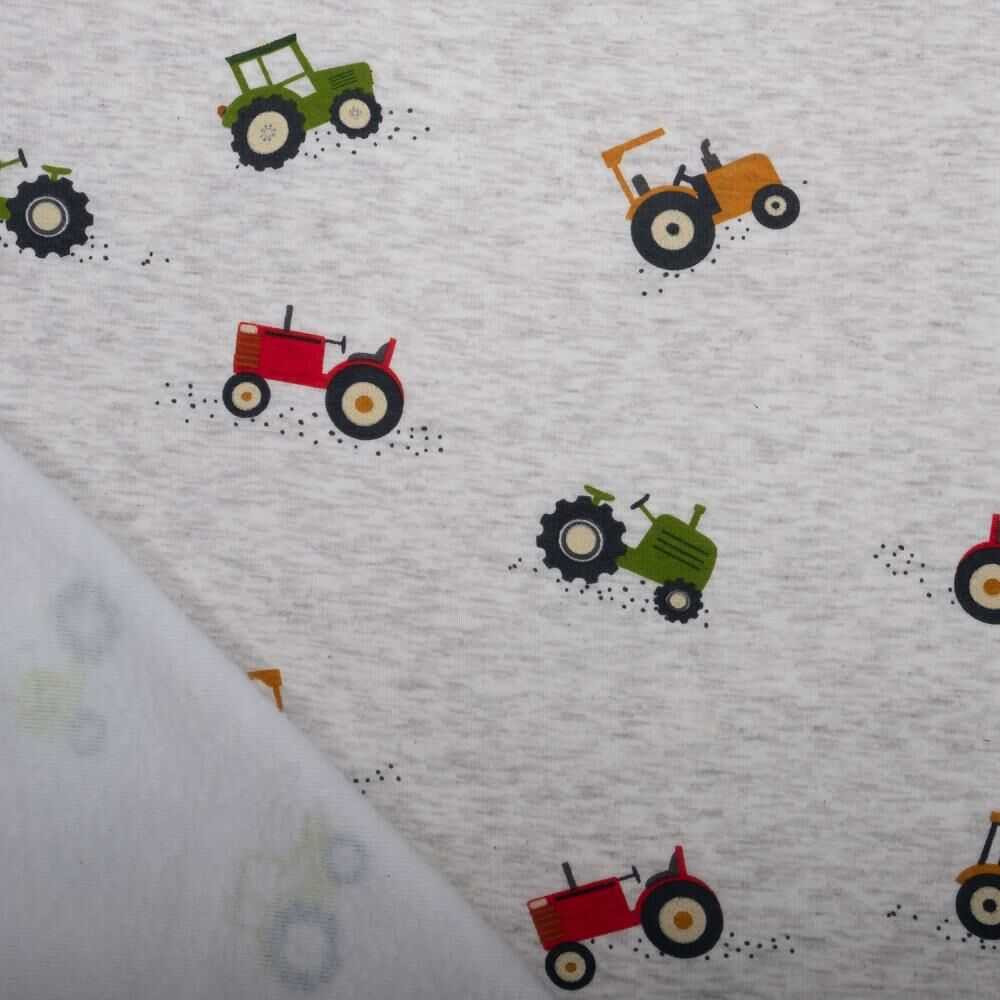 Colorful Tractors on Oatmeal Melange Sweatshirt Fleece
