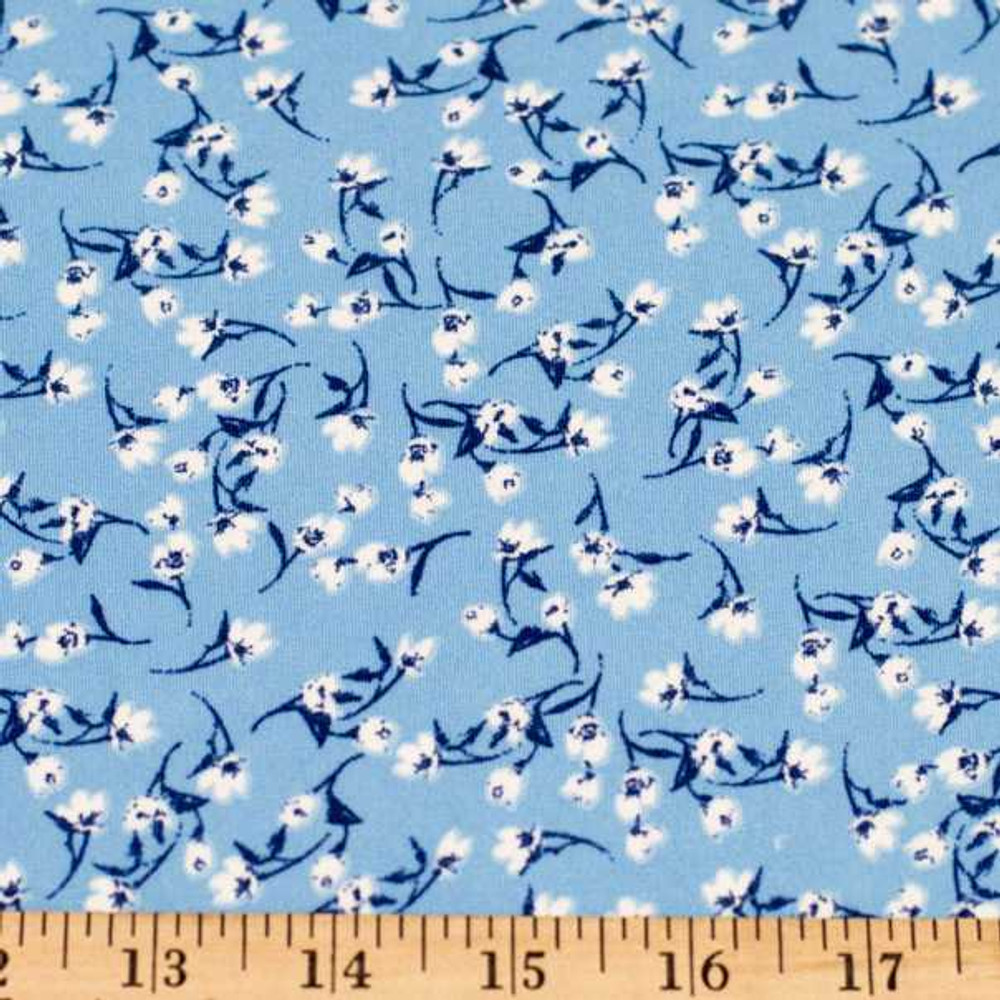 Ditsy White Flowers on Blue Double Brushed Poly