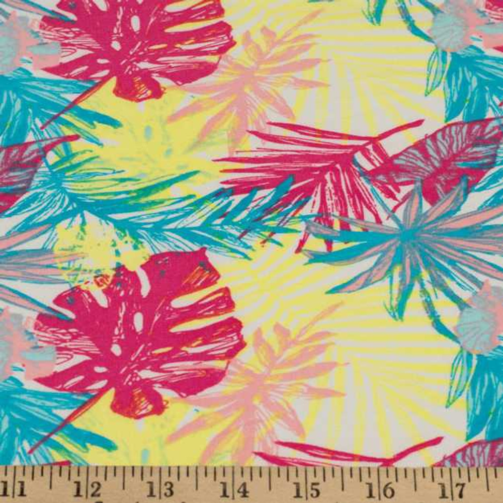 Tropical Leaves in Yellow & Pink Double Brushed Poly