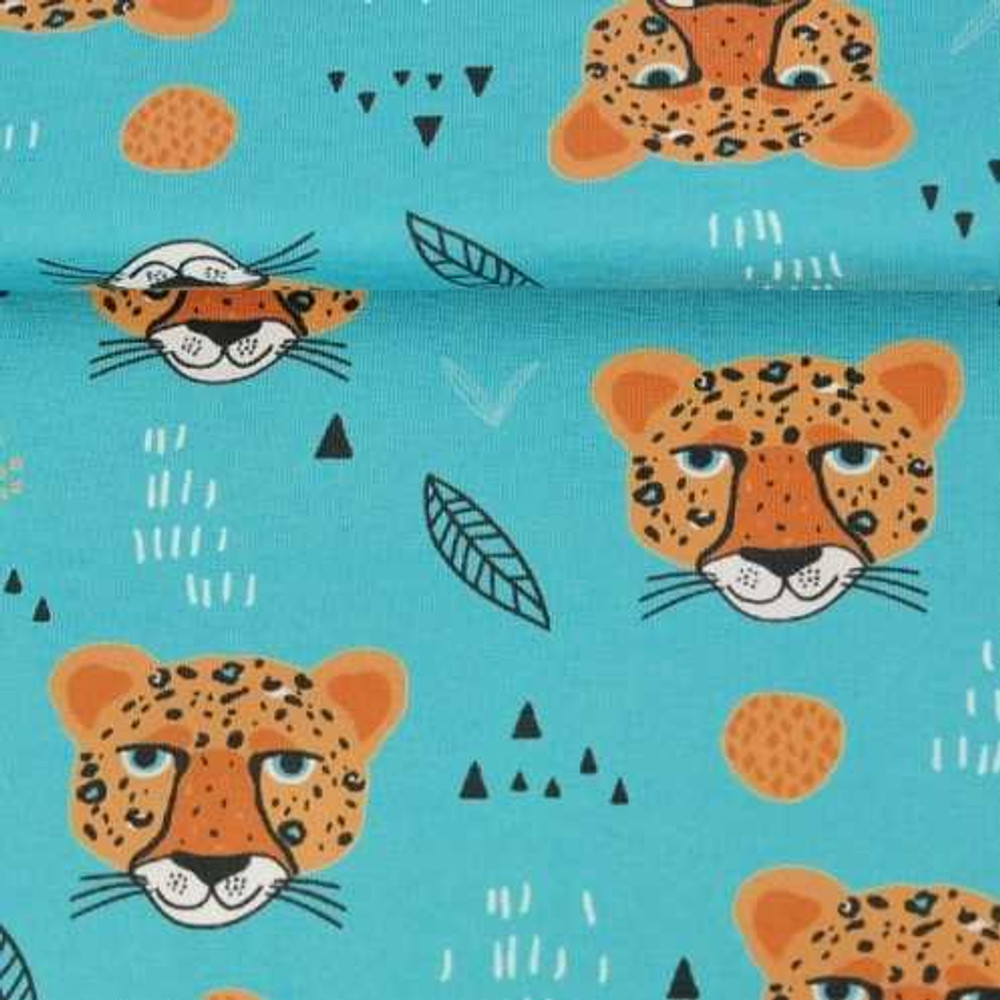 Leopard Faces on Aqua Cotton Lycra