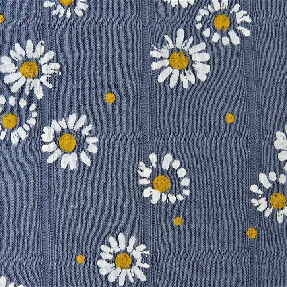 Painted Daisies on Blue Jean Double Gauze Jersey