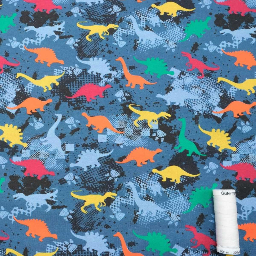 Digital Dino Camouflage in Blue Cotton Lycra Knit