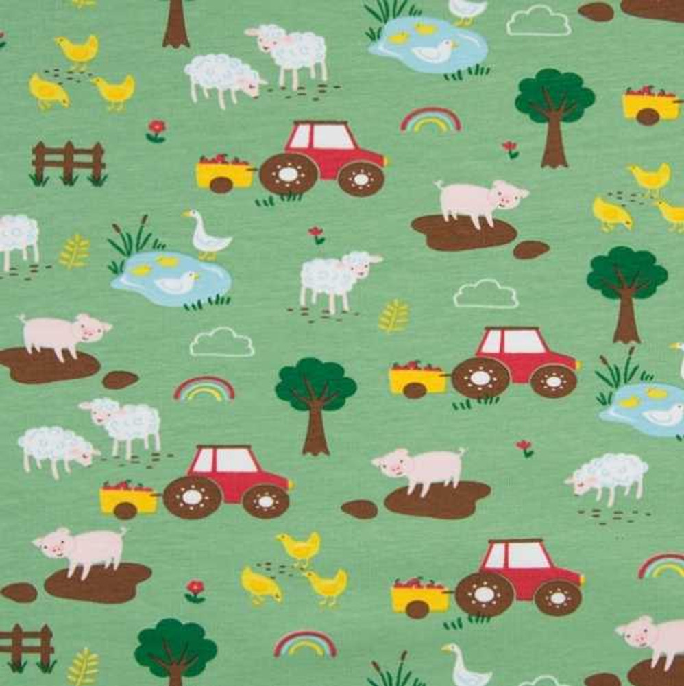 Farm Life on Green Cotton Lycra Knit
