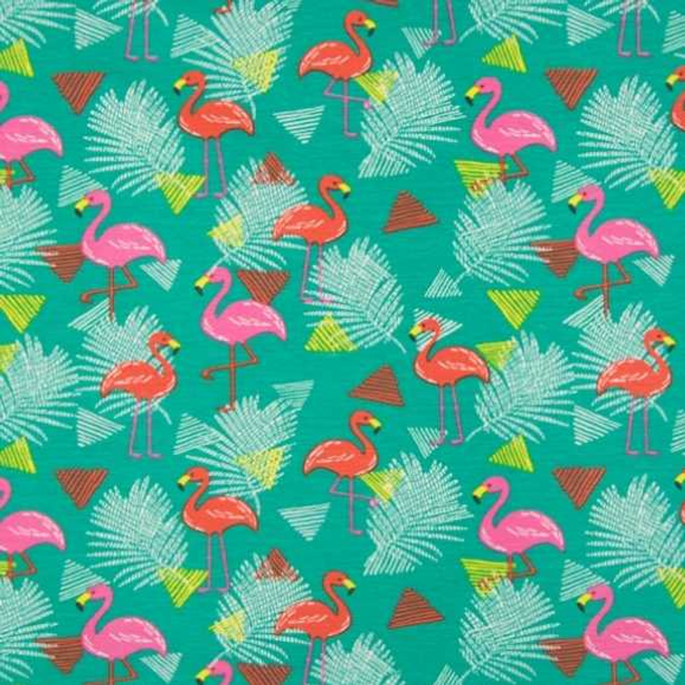 Flamingos on Teal Cotton Lycra Knit