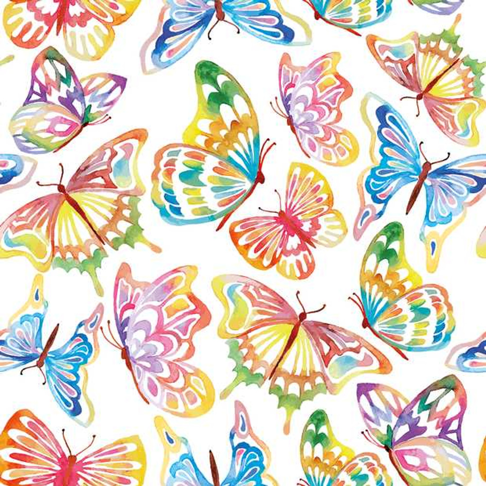 Watercolor Rainbow Butterflies on White French Terry