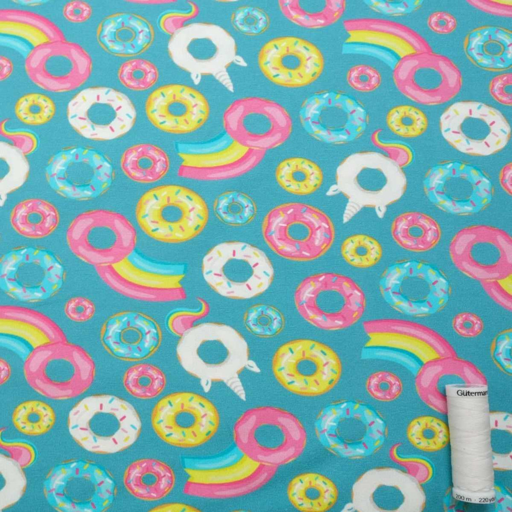 Unicorn Donuts on Aqua Cotton Lycra Knit