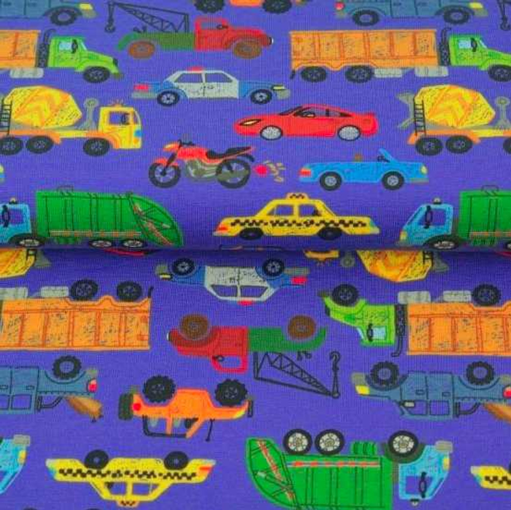 Trucks in Traffic on Blue Cotton Lycra