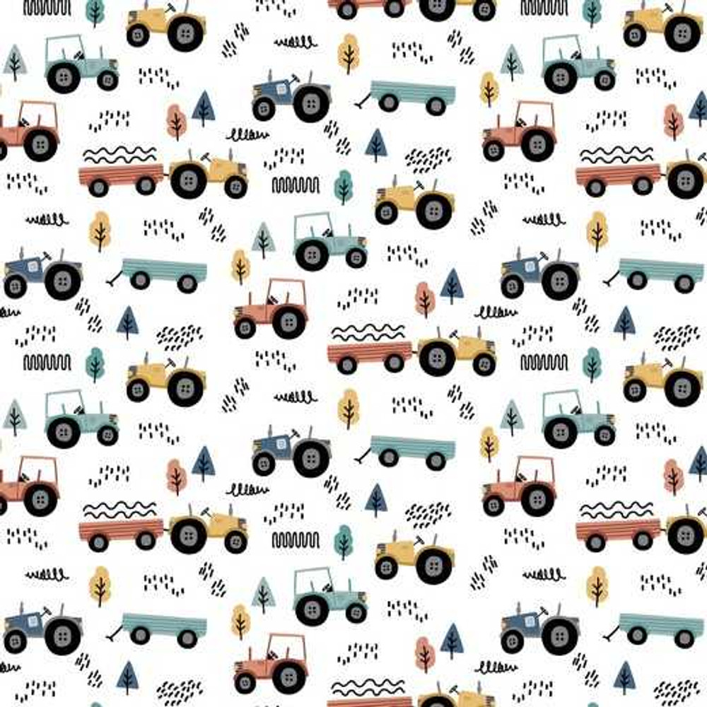 Tractors on White Organic Cotton Lycra Knit