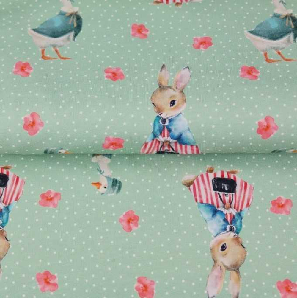 Beatrix Potter Bunnies & Geese on Green Cotton Lycra