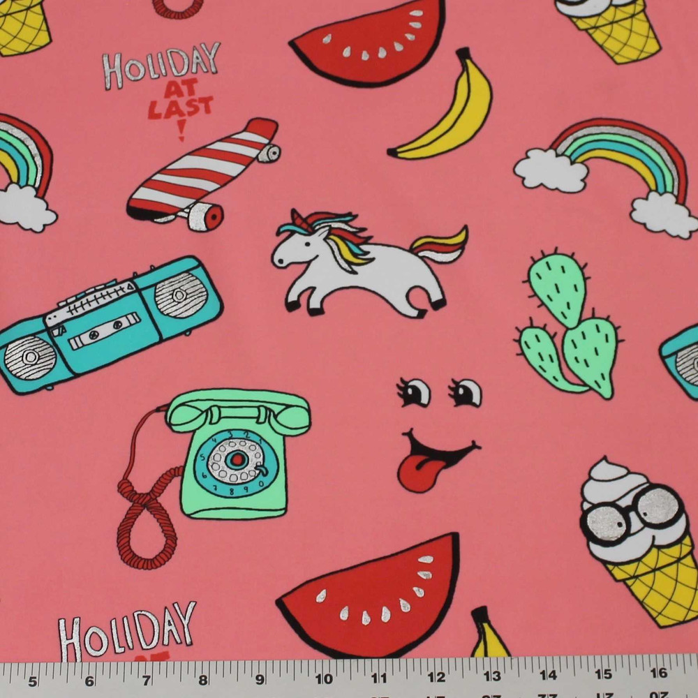 Doodle Unicorns & Rainbows on Bright Pink Swim- 26" Piece