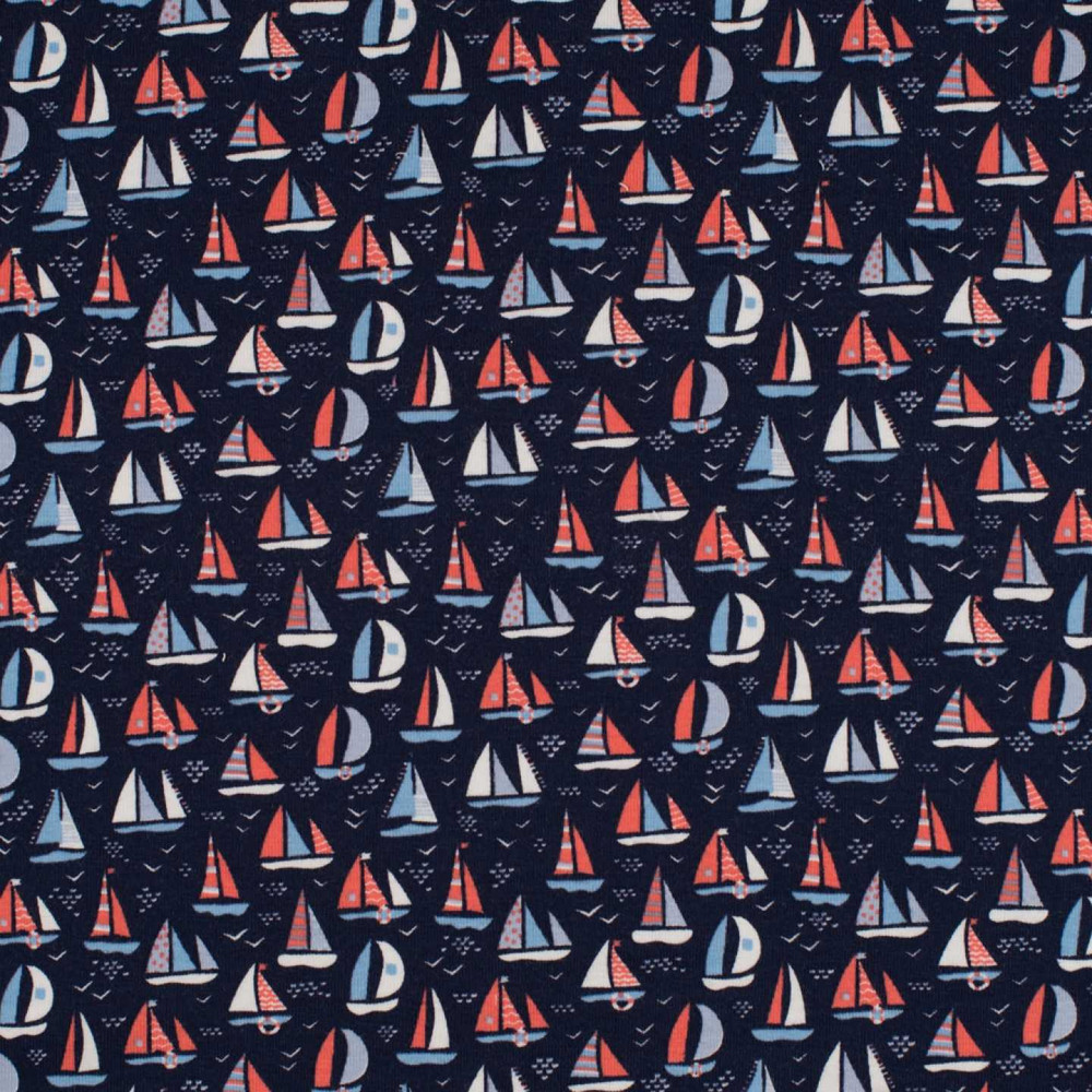 Mini Sailboats on Navy Cotton Lycra Knit