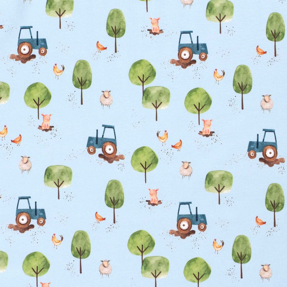 Tractors & Farm Animals on Blue Cotton Lycra