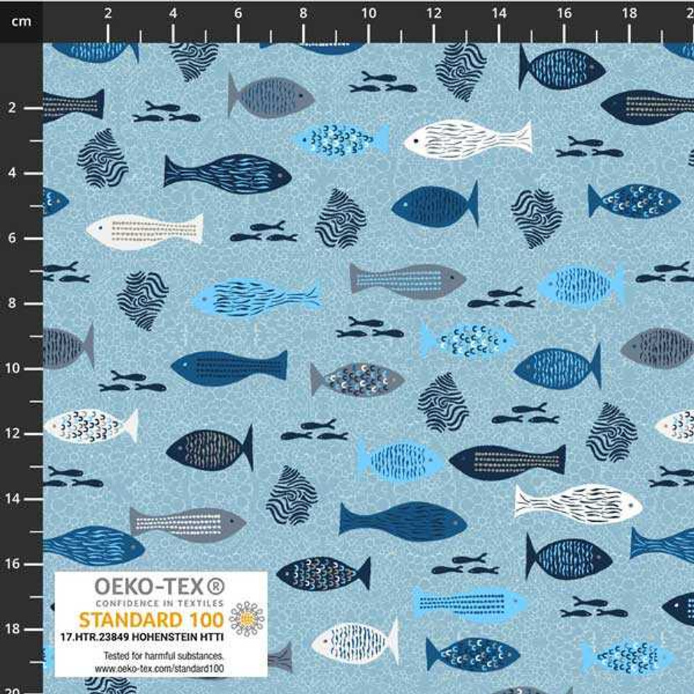 Stof Fabrics Fish on Textured Blue Cotton Lycra Knit