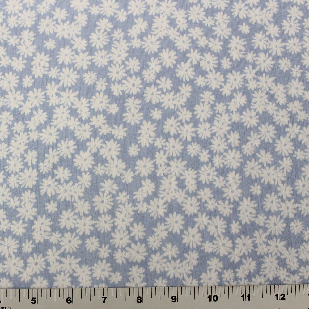 White Flowers on Blue Pointelle Rib Knit