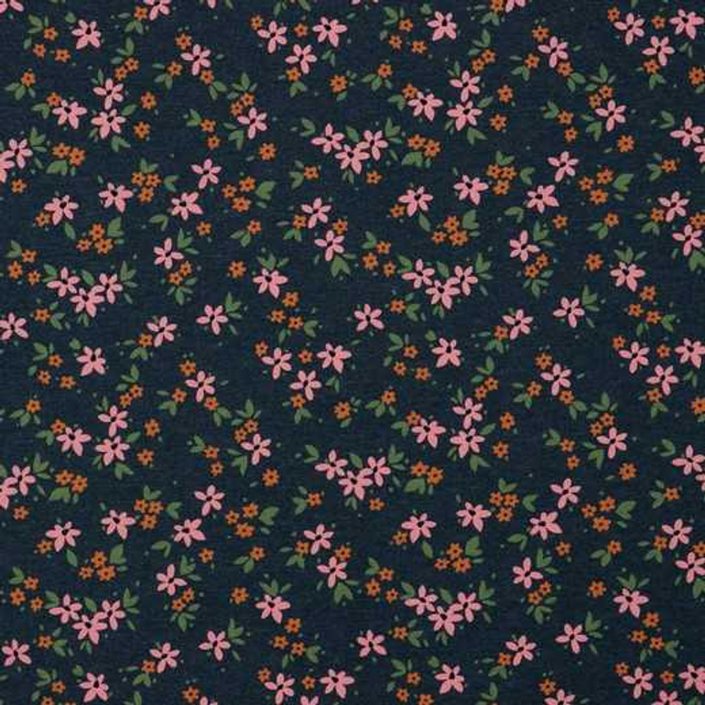 Mini Floral on Indigo Melange Cotton Lycra Knit