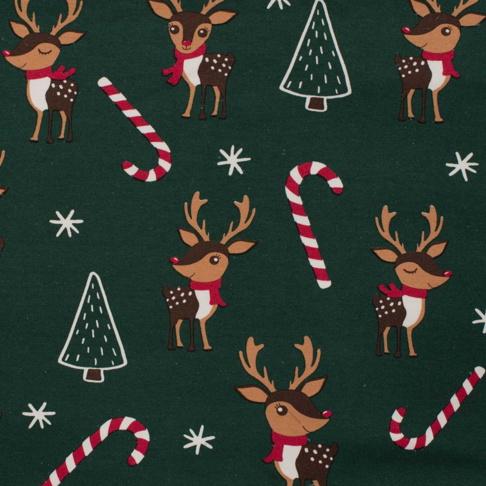 Reindeer & Candy Canes on Green Brushed French Terry