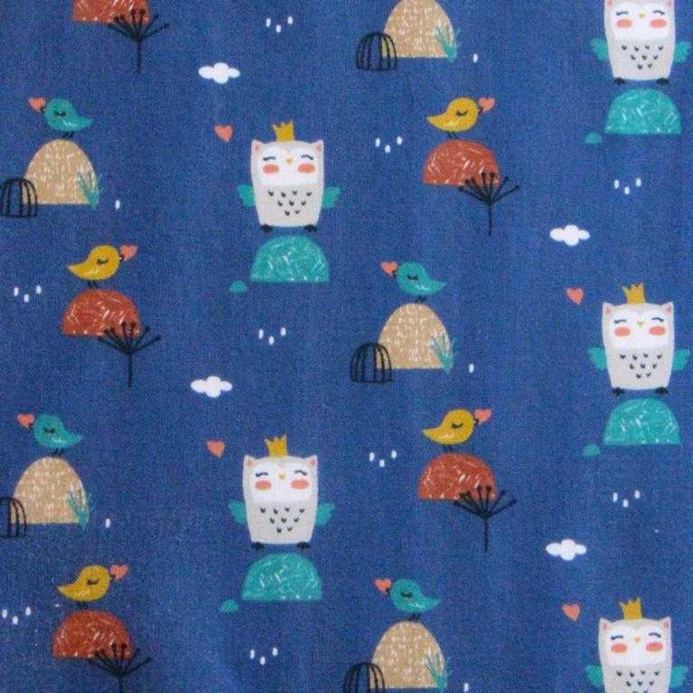 Little Owl on Blue Cotton Lycra Knit