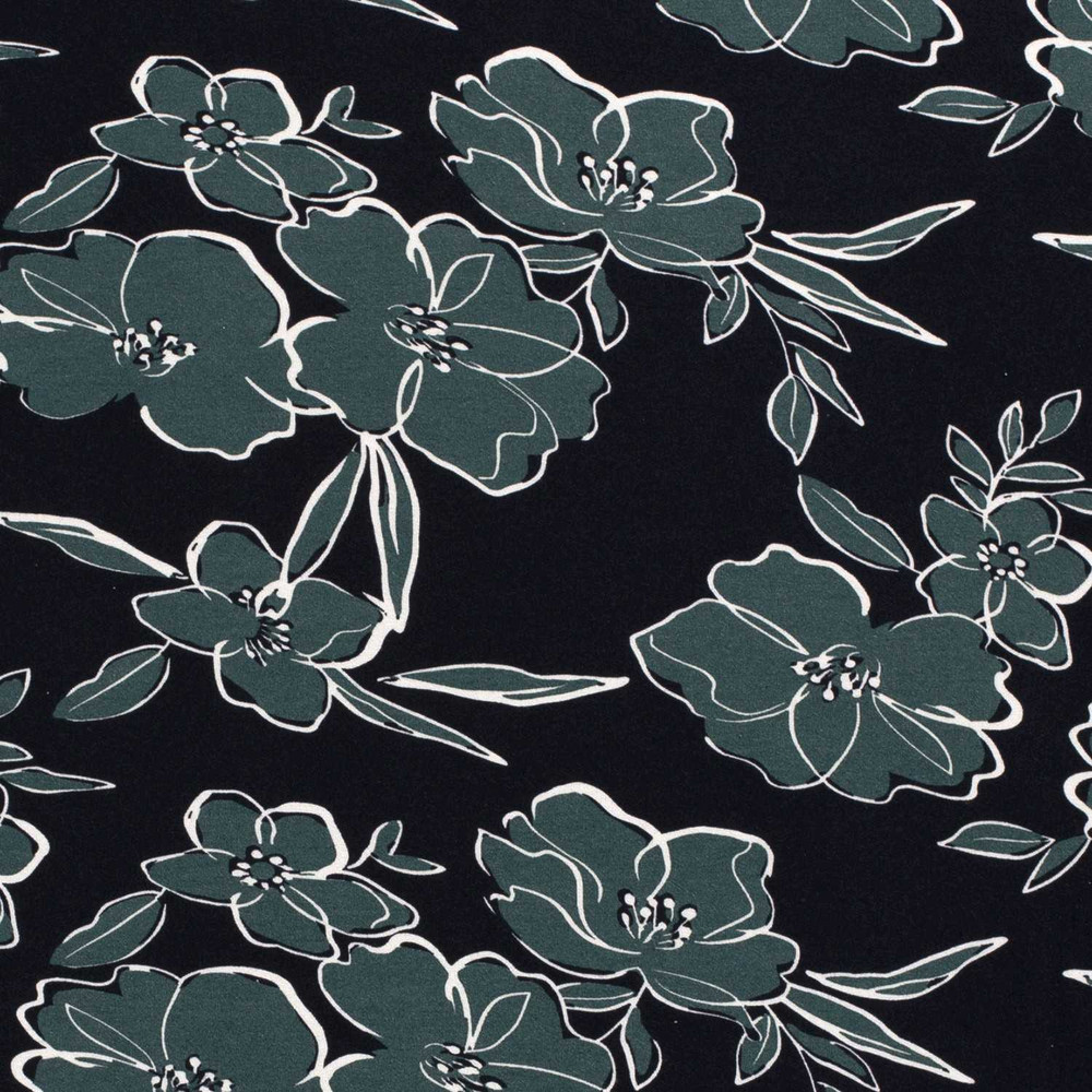 Dusty Teal Floral on Black Viscose Jersey