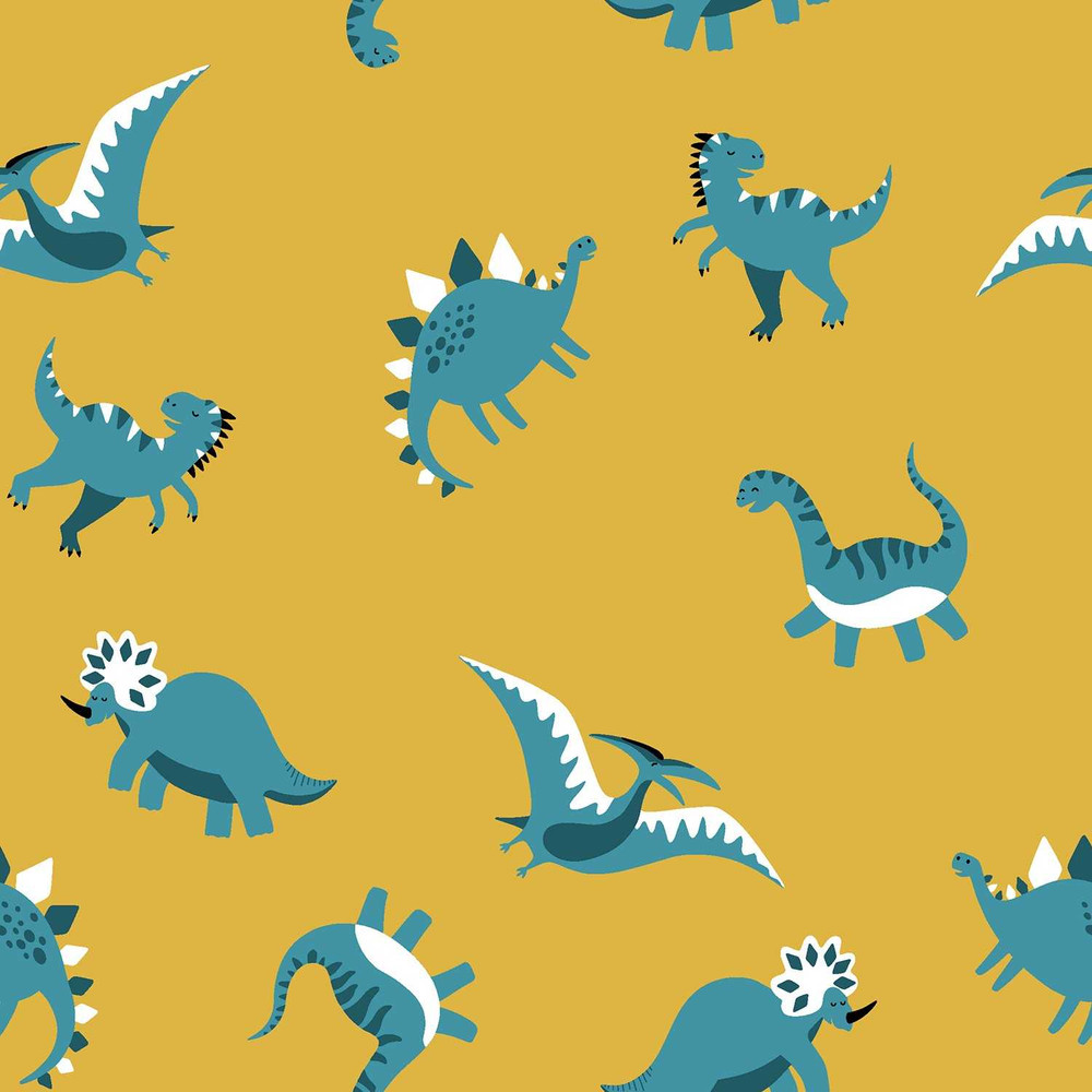 Blue Dinosaurs on Mustard Cotton Lycra