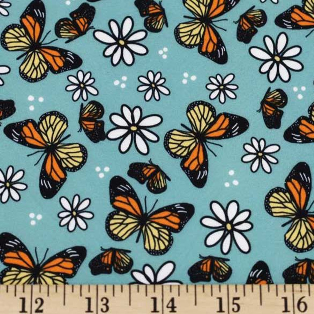 Daisies & Butterflies on Mint Double Brushed Poly