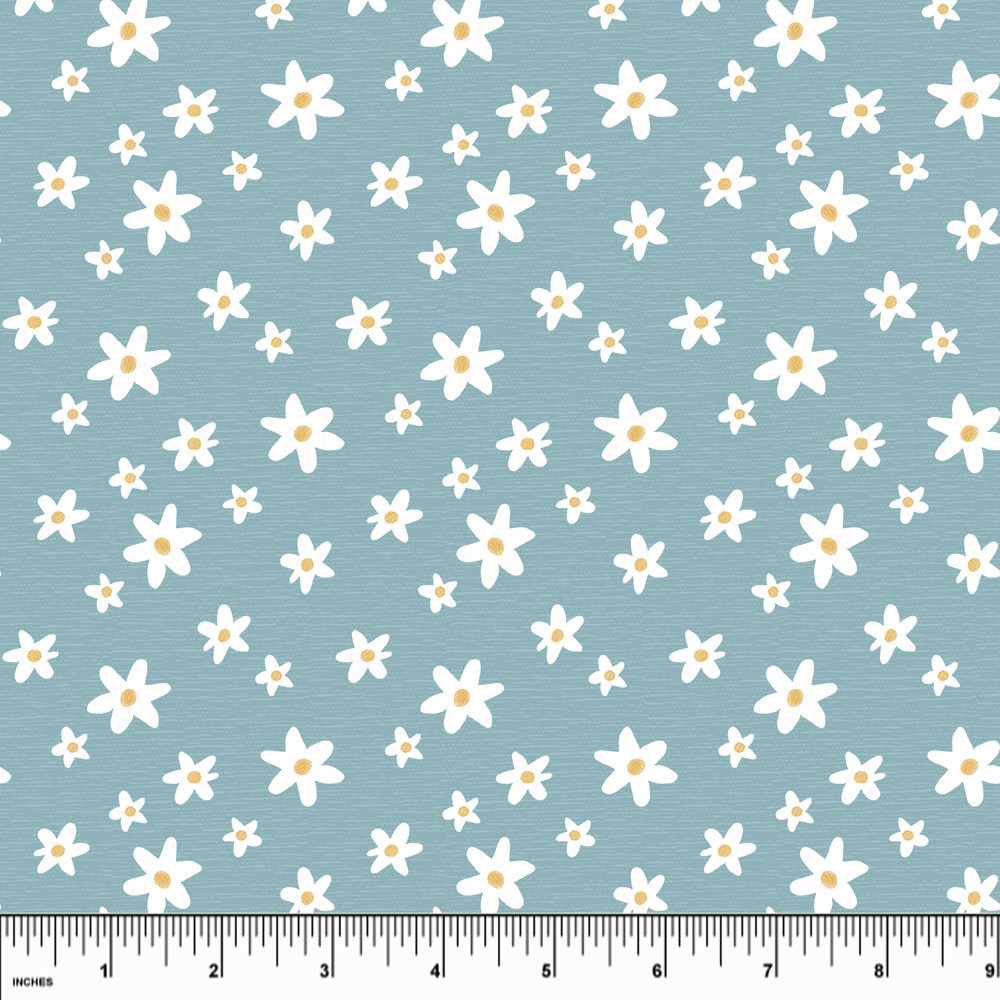 Custom Daisies on Dusty Blue Cotton Lycra Knit