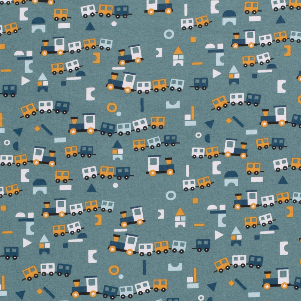 Toy Trains on Dusty Teal Cotton Lycra