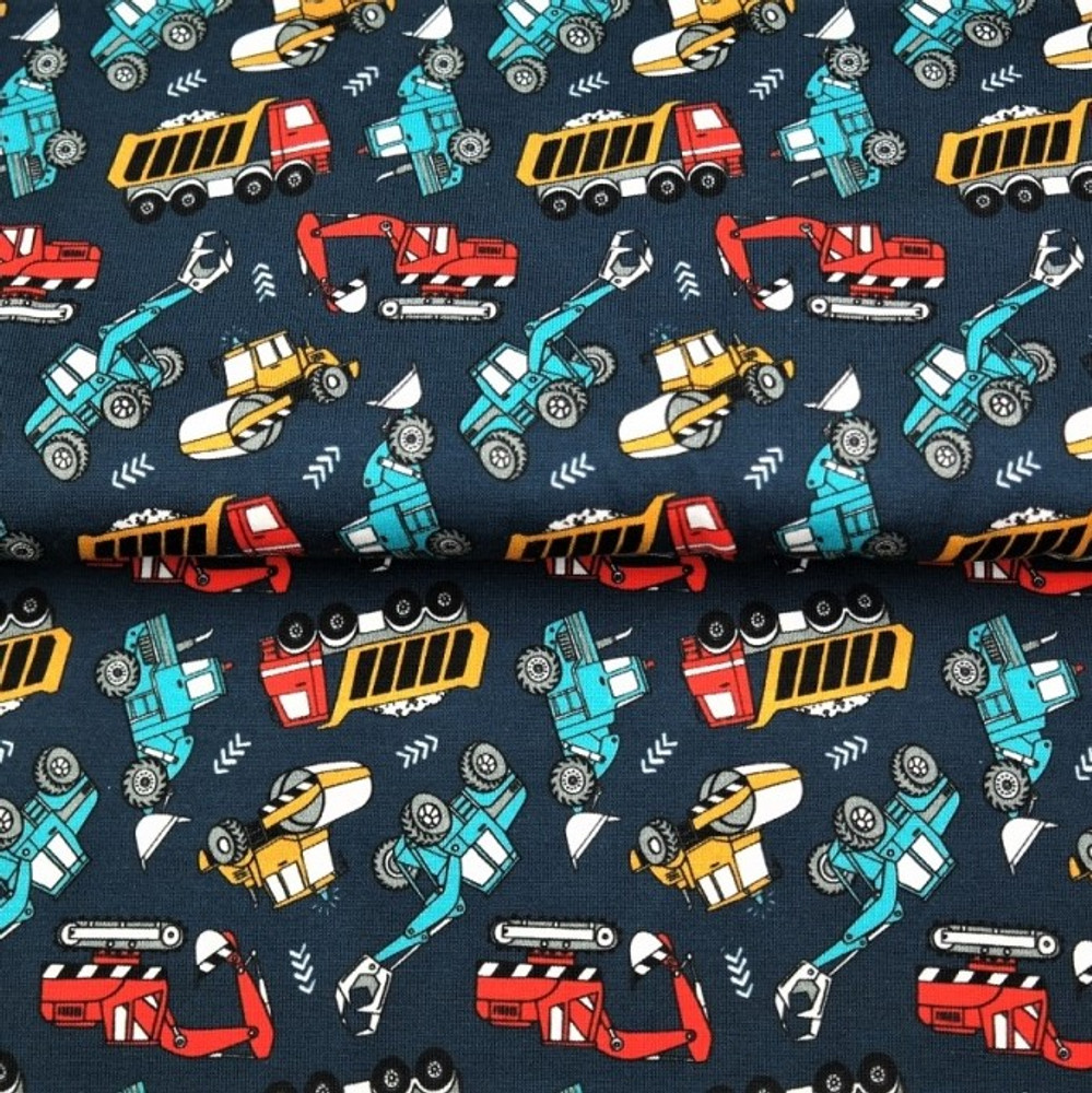 Tough Trucks on Navy Cotton Lycra - KnitFabric.com