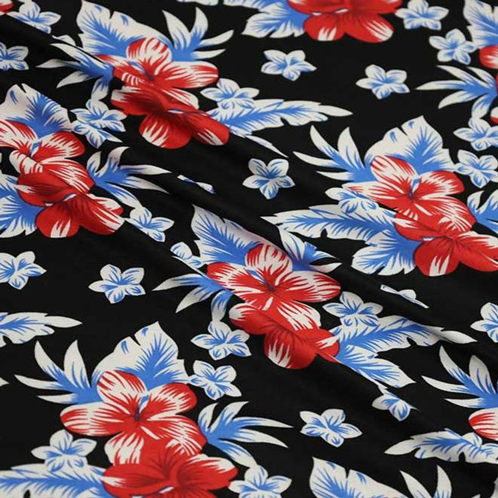Red, White & Blue Floral on Black Double Brushed Poly