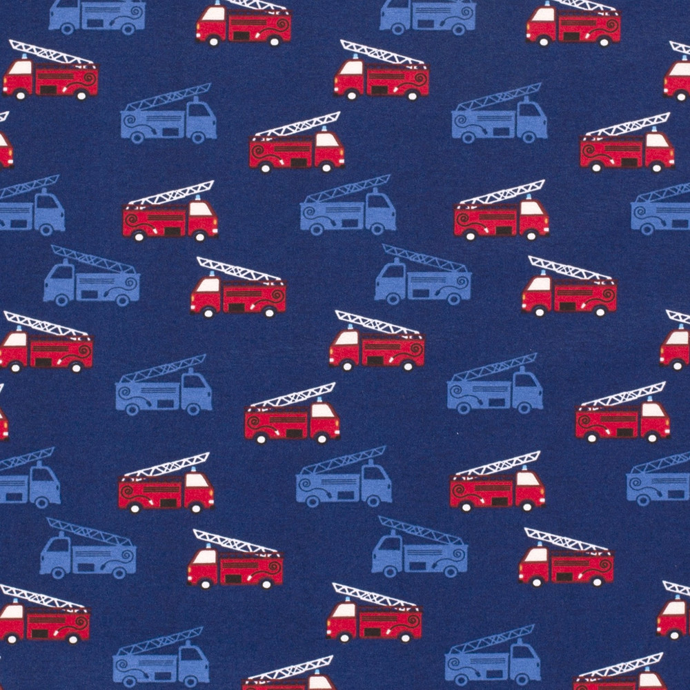 Fire Ladder Trucks on Blue Cotton Lycra