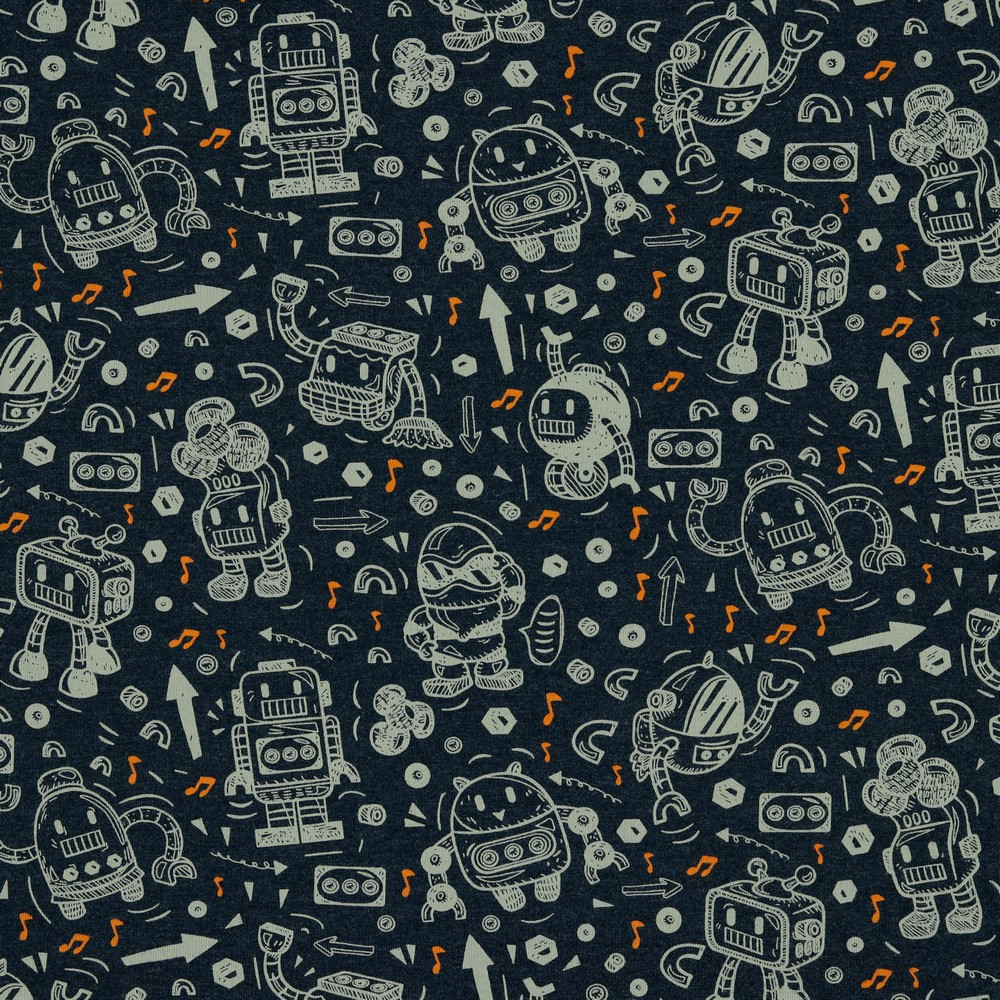 Robots on Indigo Melange Cotton Jersey