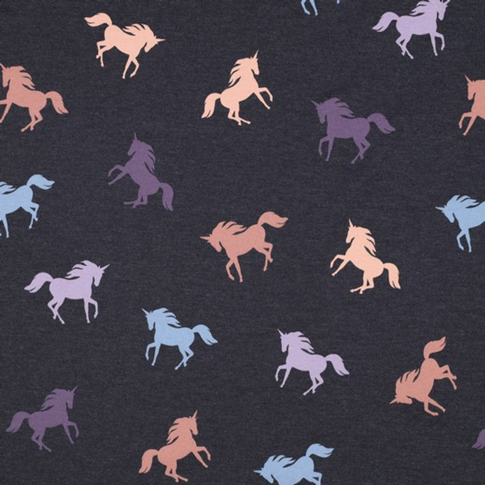 Unicorns on Indigo Melange Cotton Lycra Knit