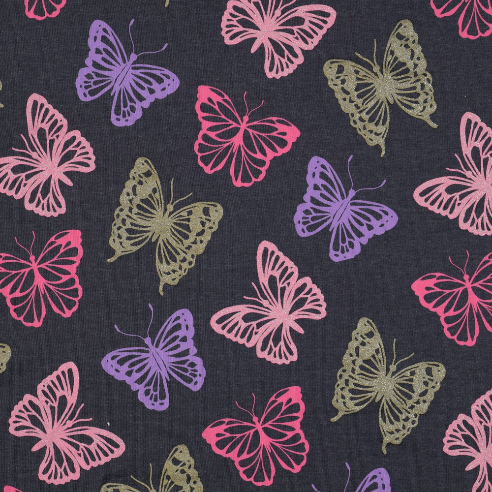 Glitter Butterflies on Indigo Melange Cotton Lycra Knit