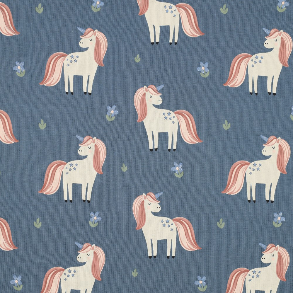 Glitter Unicorns on Blue Cotton Lycra Knit