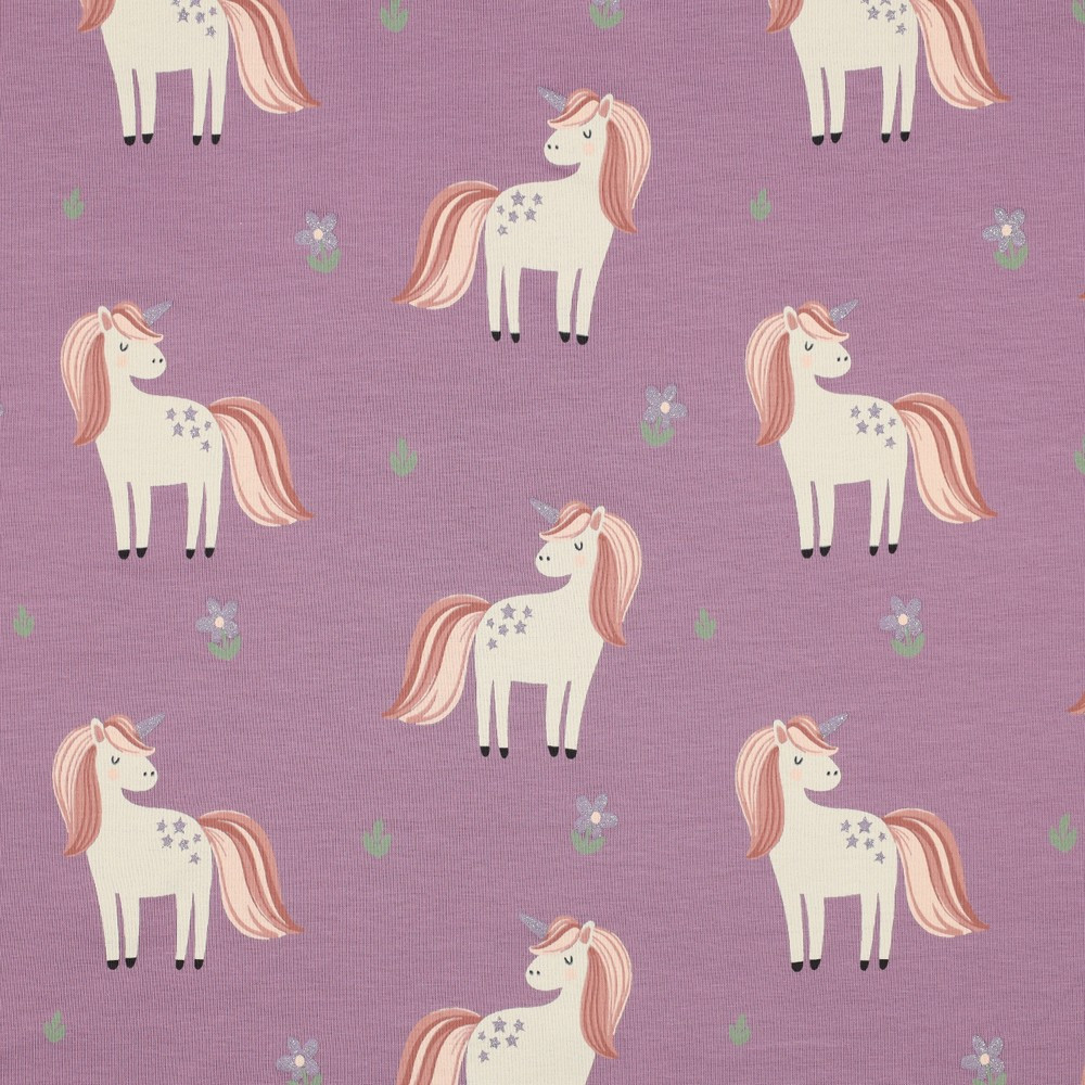 Glitter Unicorns on Purple Cotton Lycra Knit