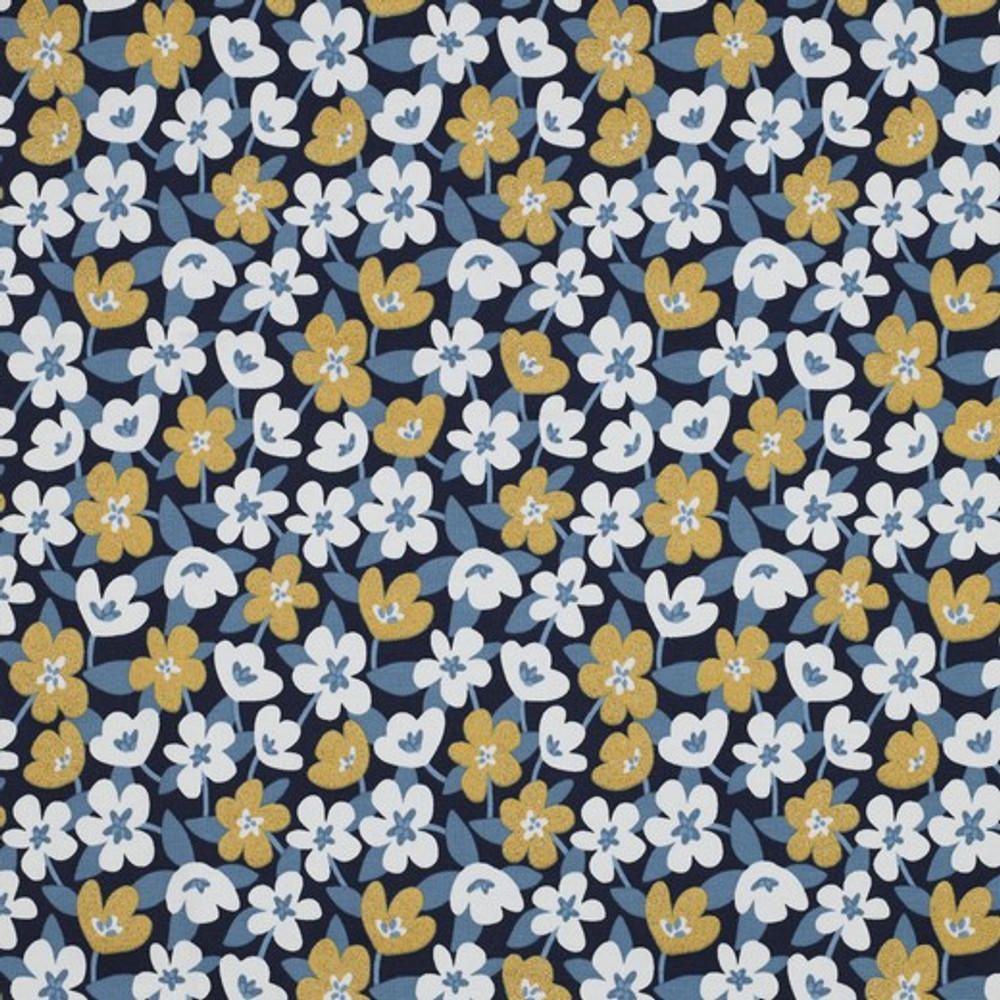 Gold Glitter Floral on Navy Cotton Lycra Knit