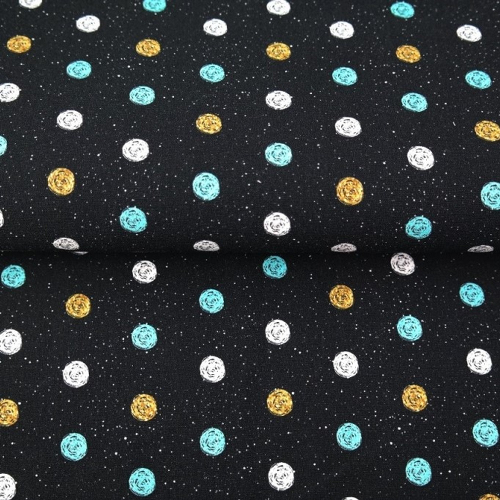 Aqua & Yellow Squiggle Dots on Black French Terry