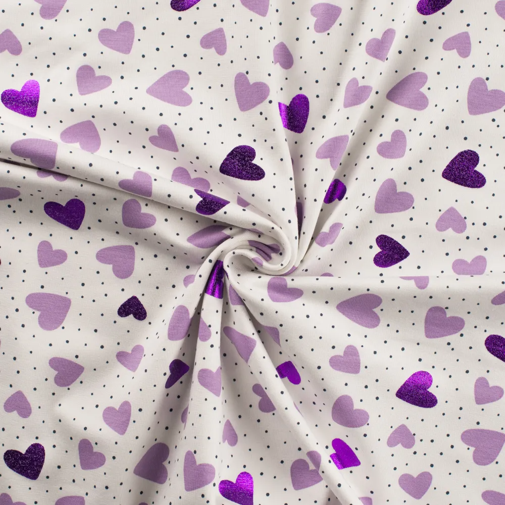 Purple Foil Hearts on White Cotton Lycra Knit