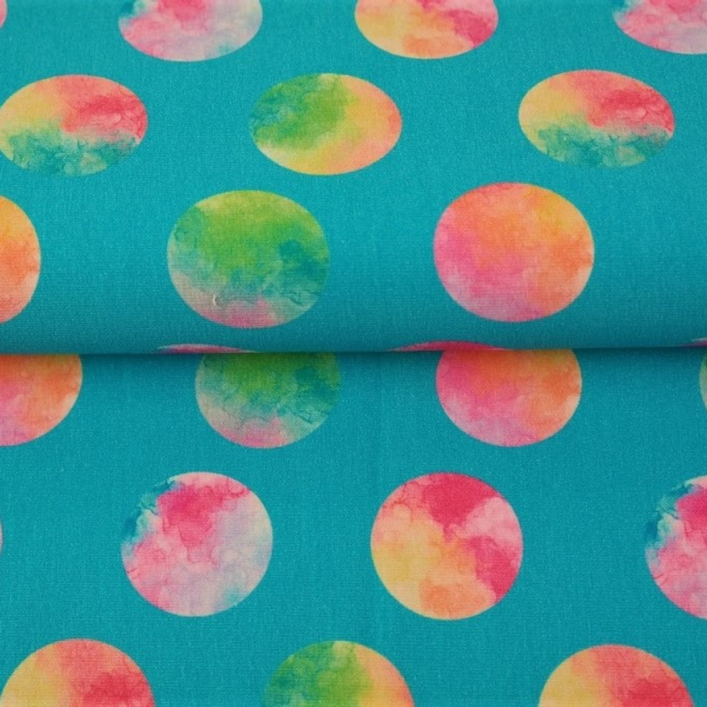 Tie Dye Polka Dots on Teal French Terry