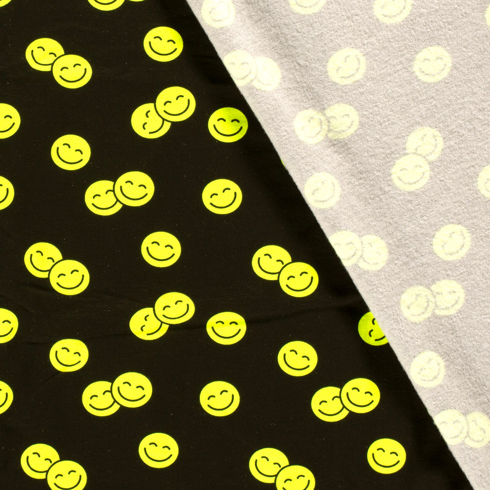 Yellow Smiley Faces on Black Brushed French Terry