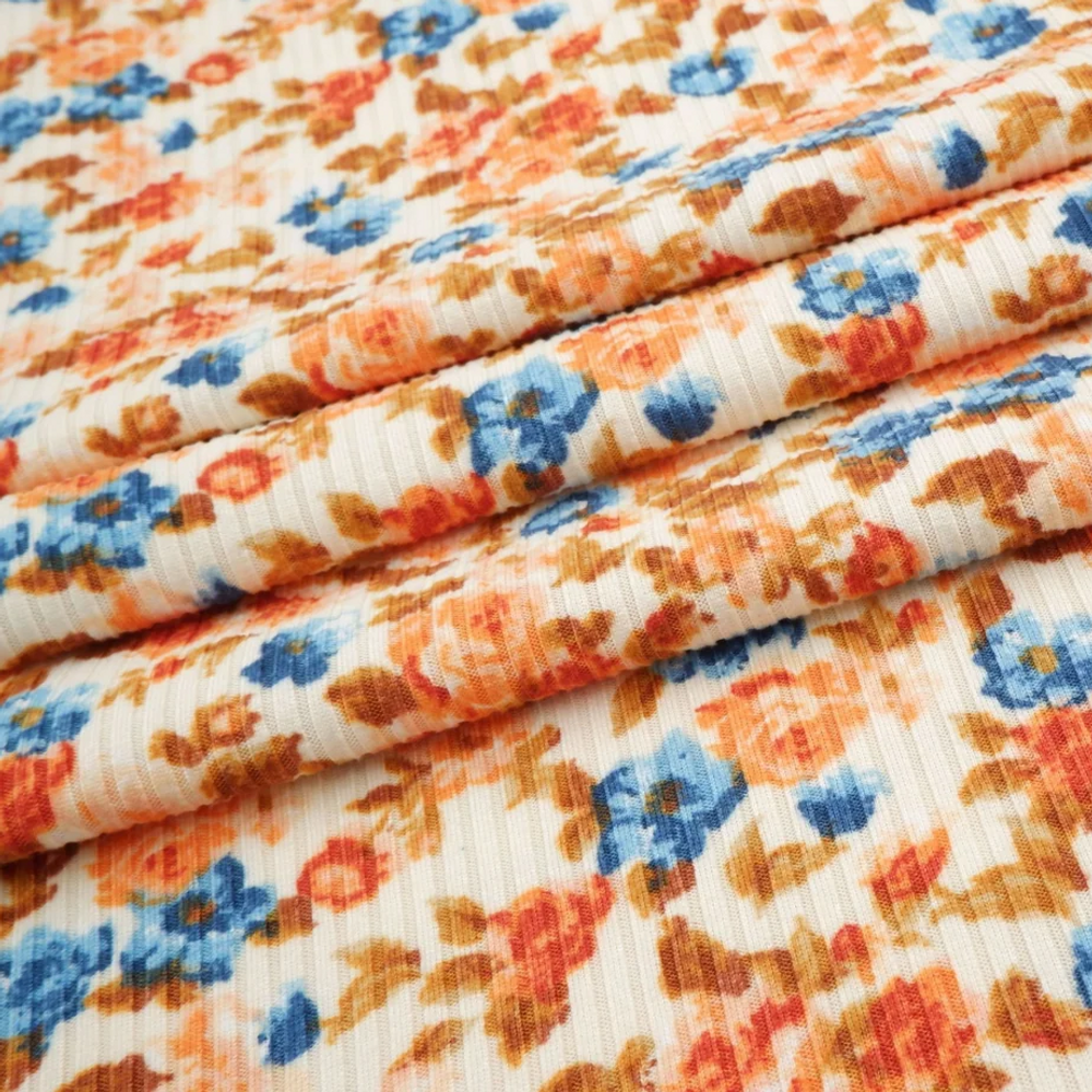 Blue & Rust Calico Floral 4x2 Rib Knit