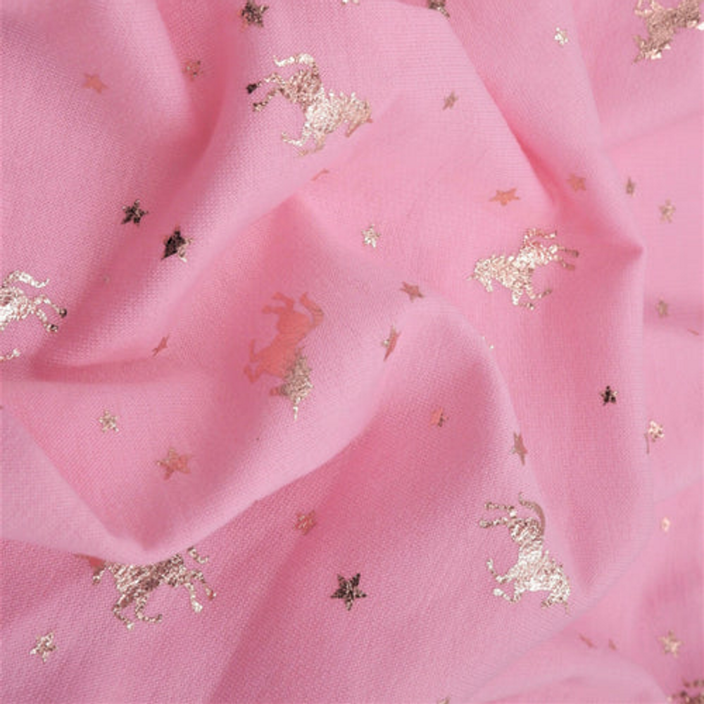 Gold Foil Unicorns on Pink Rayon French Terry Knit