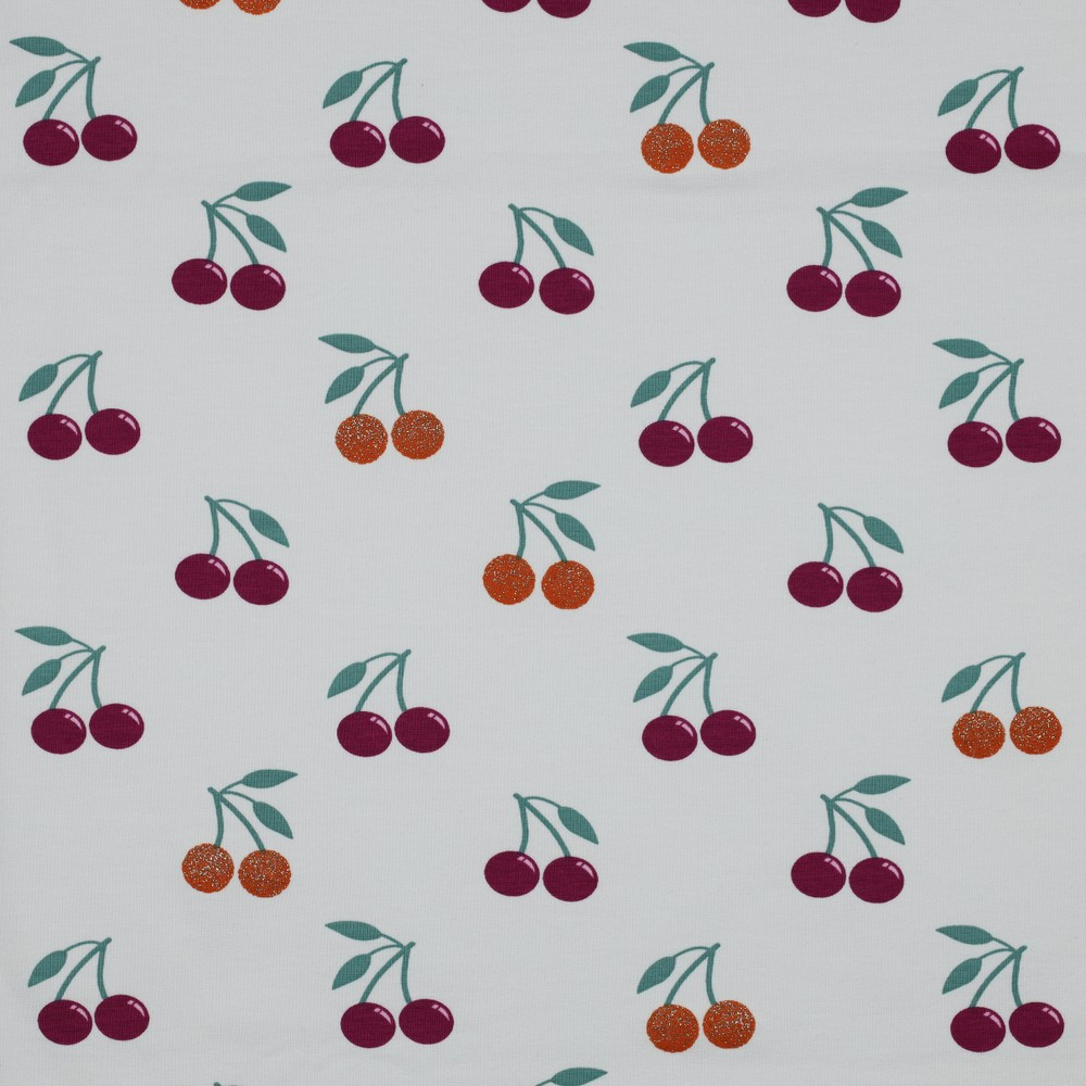 Glitter Cherries on Ivory Cotton Lycra Knit